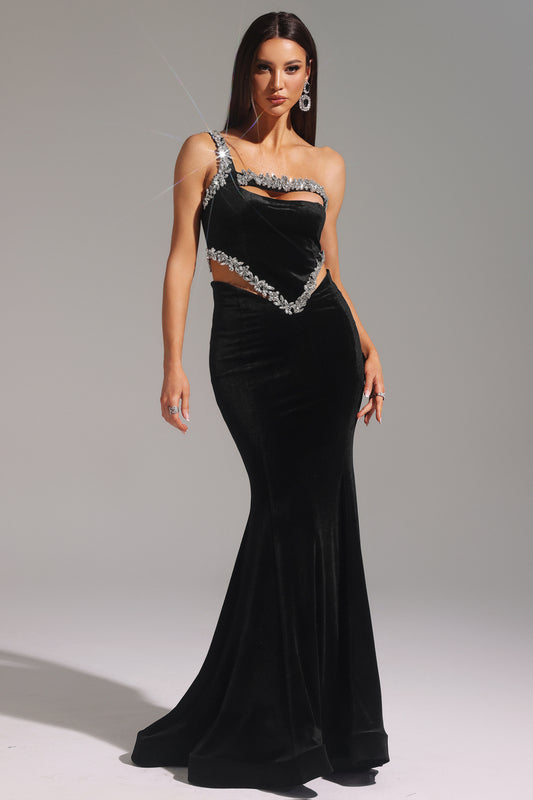 Yedda One Shoulder Diamond Hollow Out Maxi Dress